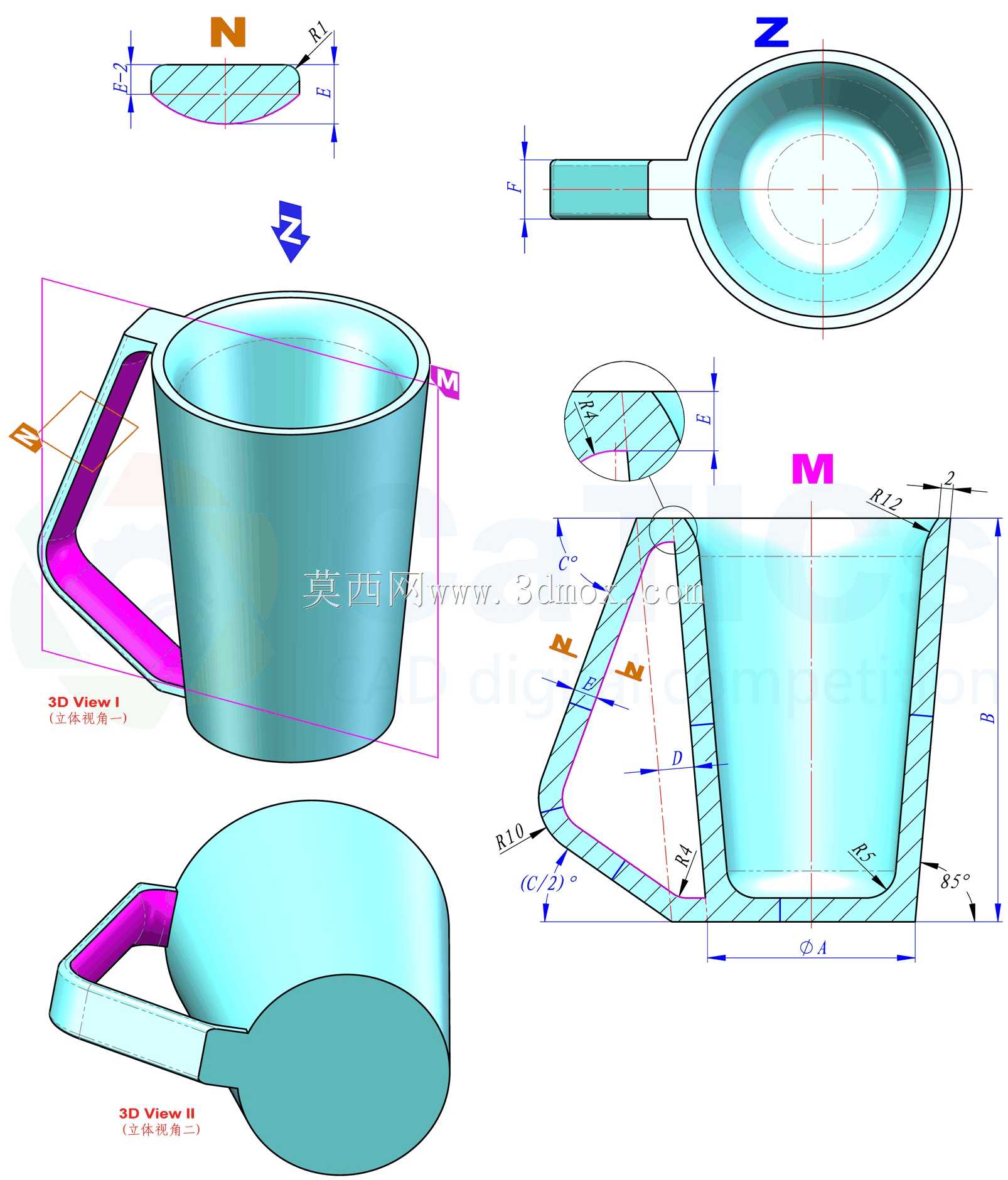 三维CAD基本练习/CATICS 3D16-M04/Mug/Cup/Taza/Autodesk Inventor Pro