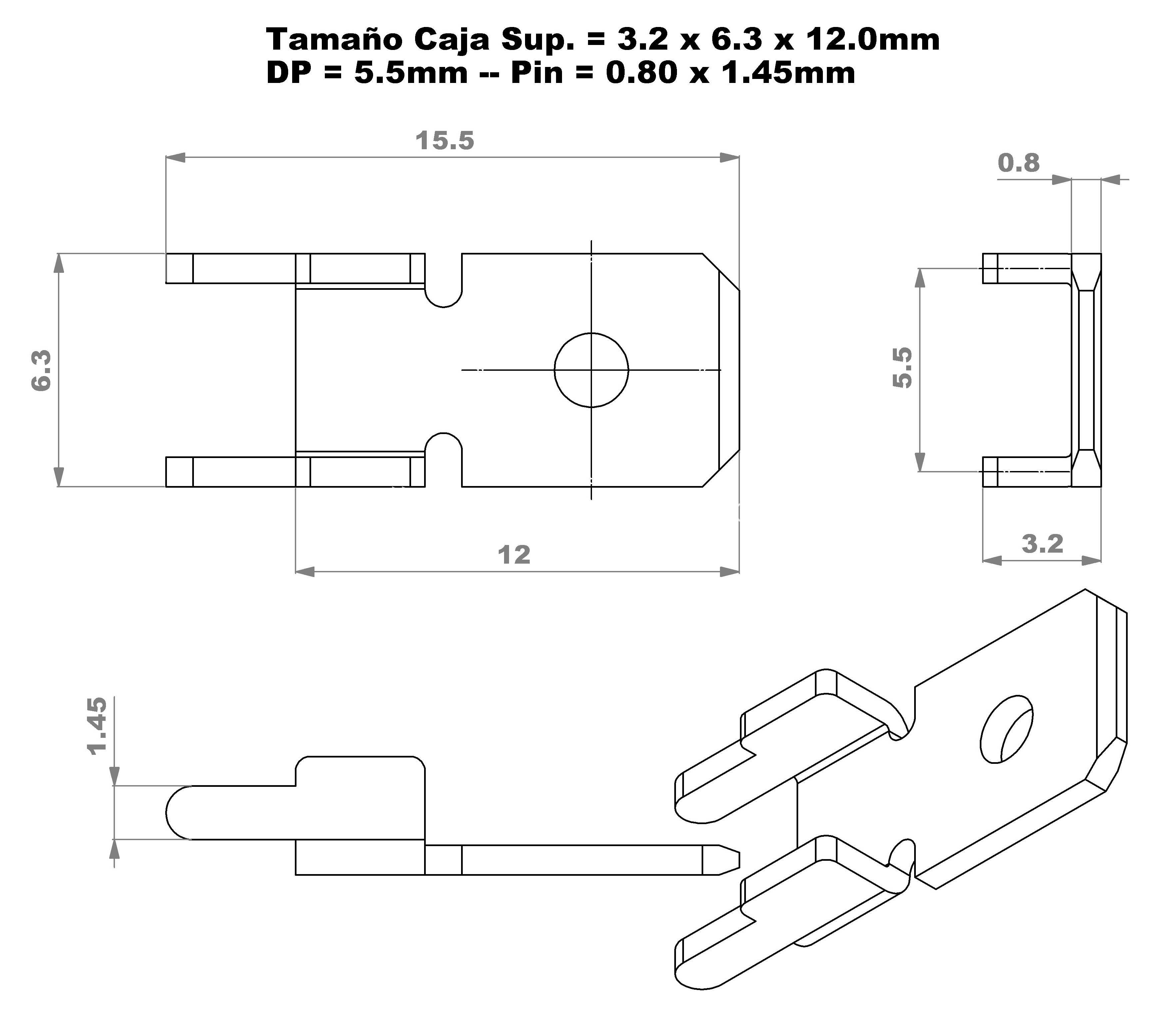 FICHA PALA 6.3x0.8mm MACHO Recto p/PCB�� 2 ����ľ�� dp5.5mm