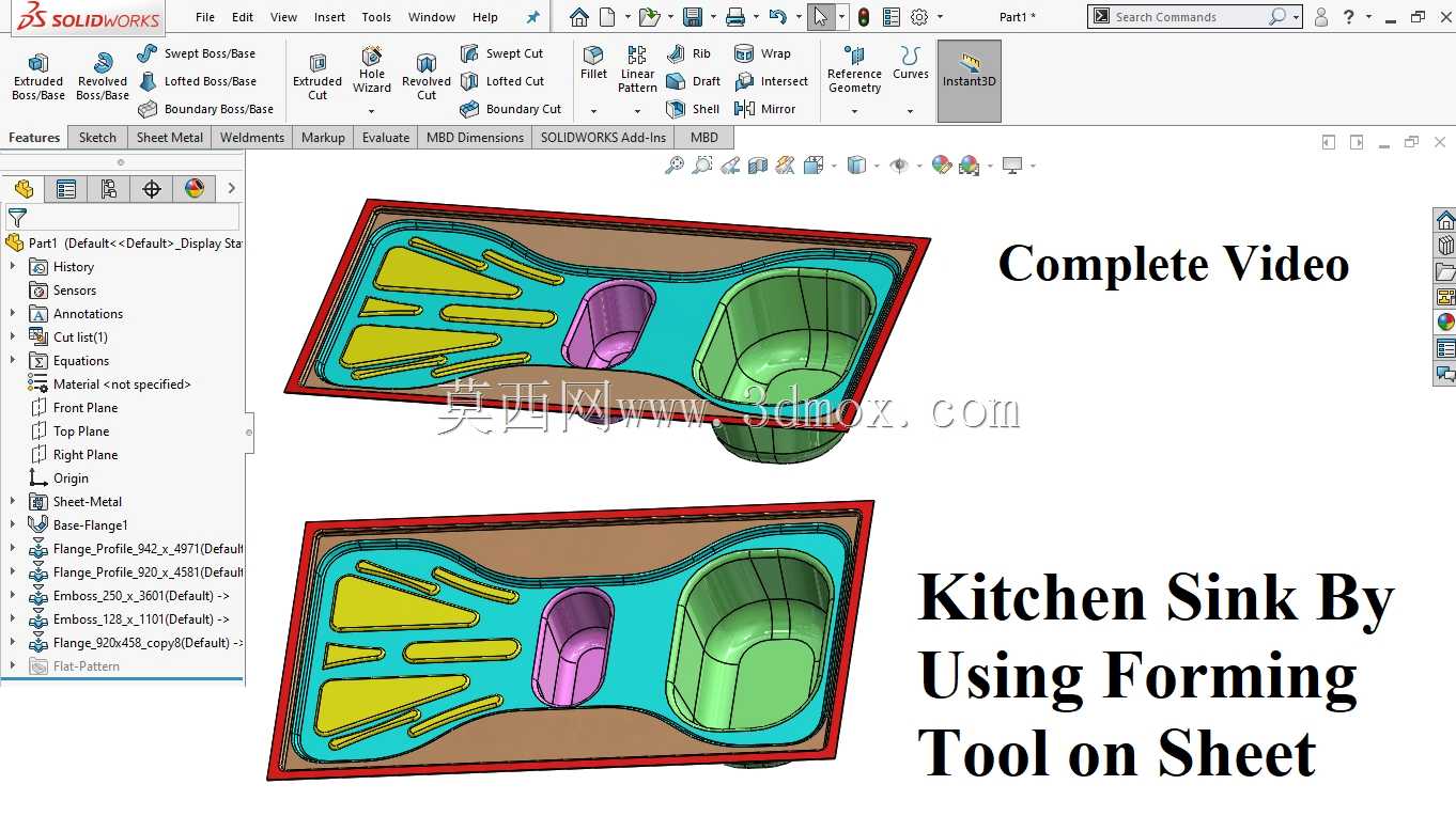 如何使用来自 LearnVern 项目 04 的 Solidworks 板材模型上的成型工具制作厨房水槽