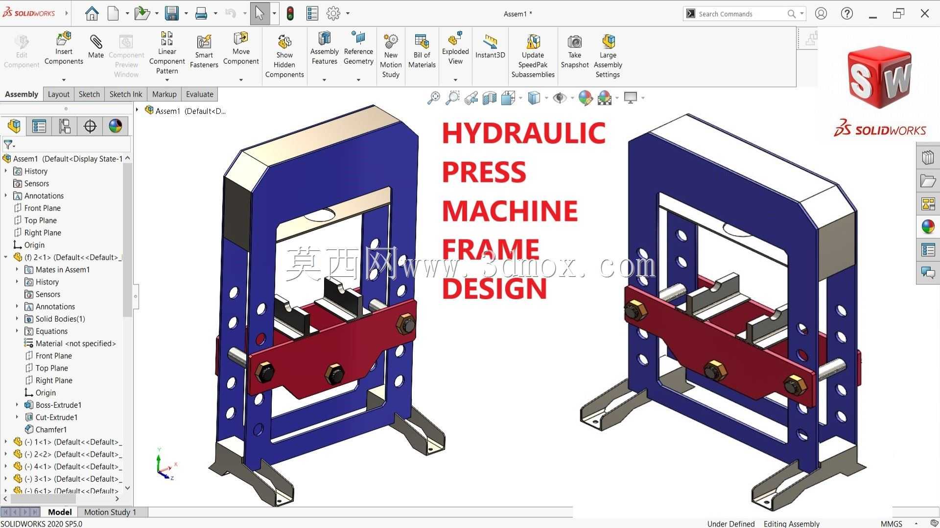 SolidWorks中的液压新闻机框架设计