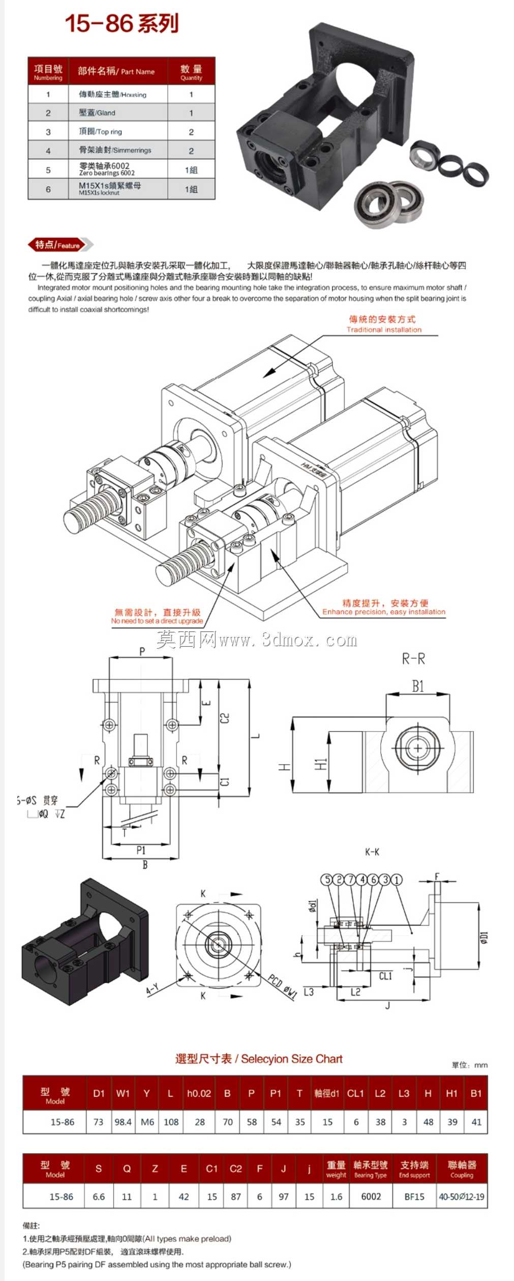 HM15-86-滚珠丝杠的轴承和步进器支架SFU1605 SFU2005 SFU2505