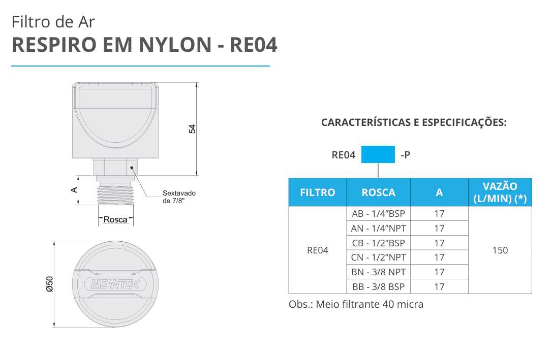 filtro de ar newtec -re04 1/2 \“ npt -p