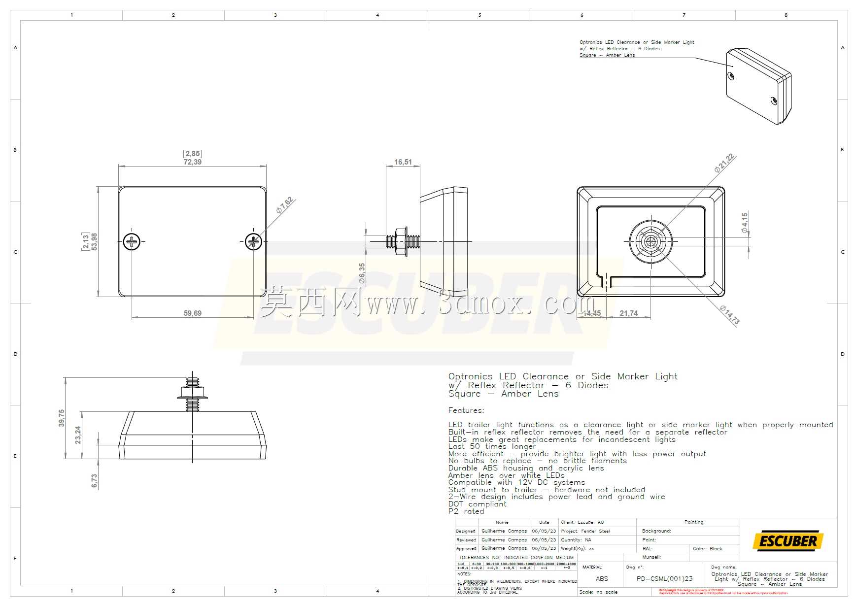 Optronics LED示廓灯或侧标志灯,带反光镜-6个二极管-方形-琥珀色透镜