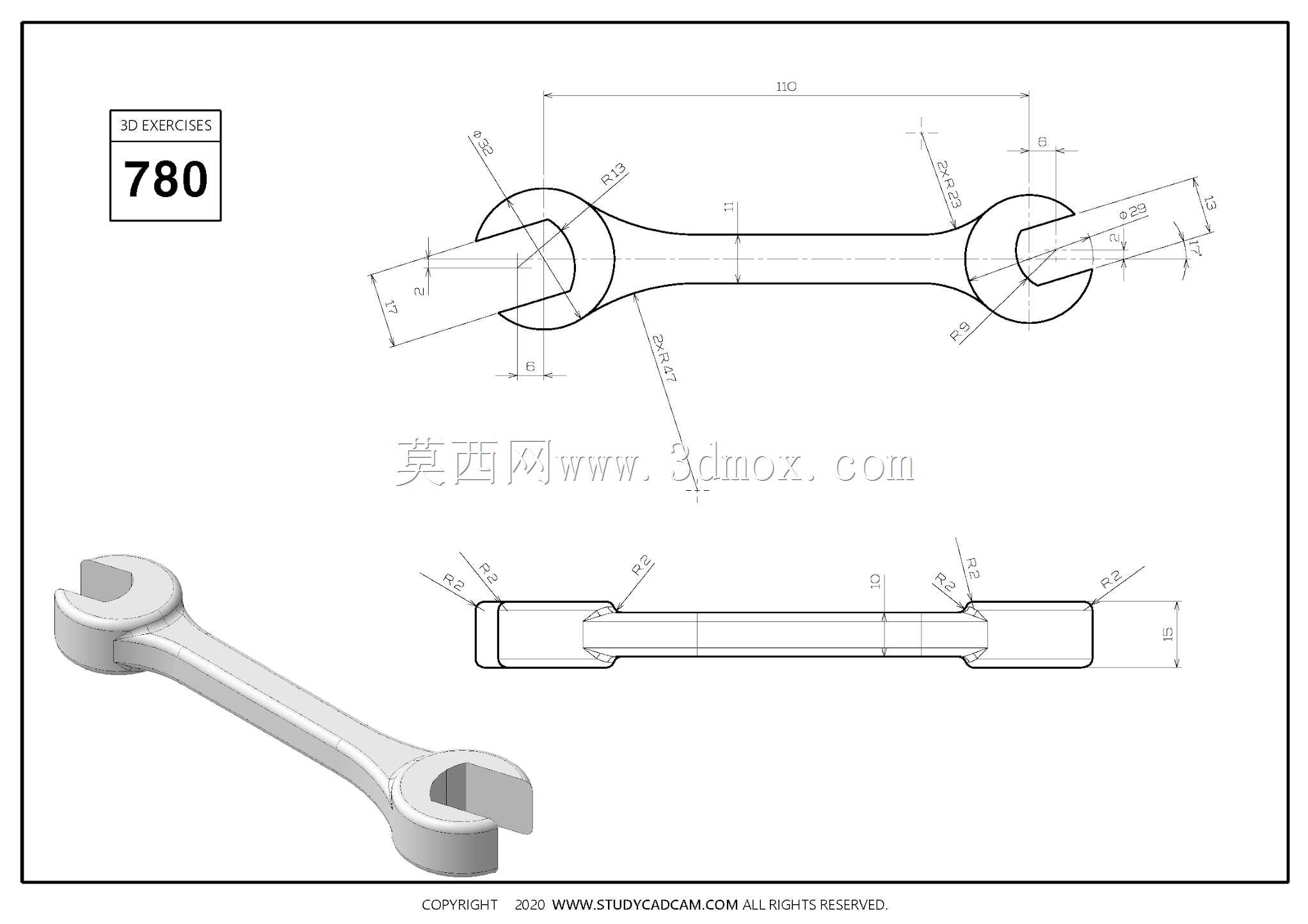 Studycadcam三维CAD练习780/双叉扳手/Lave Espa?ola/Autodesk Inventor Pro