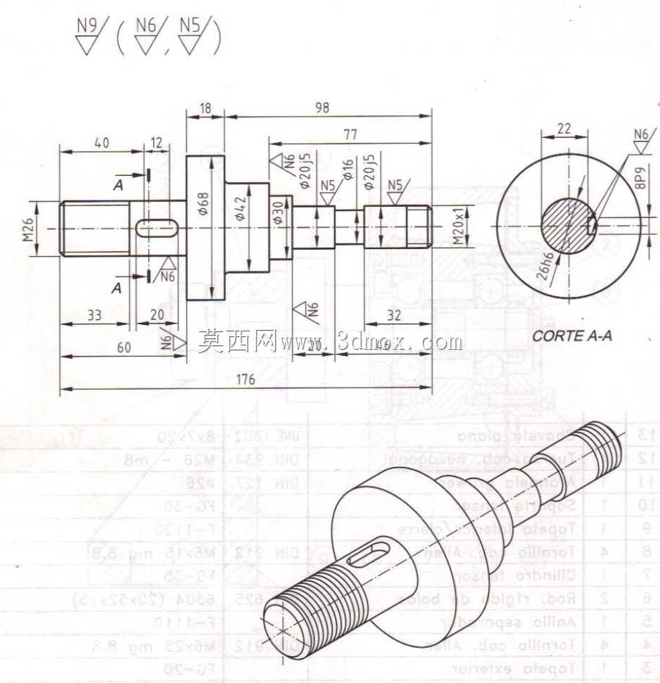 三维CAD基础练习/皮带轮张紧器轴/Eje de Tensor de Polea/Autodesk Inventor Pro