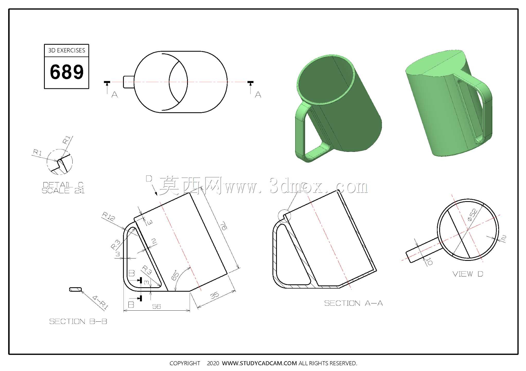 Studycadcam��άCAD��ϰ689/��б��/Taza Inclinada/Autodesk Inventor Pro