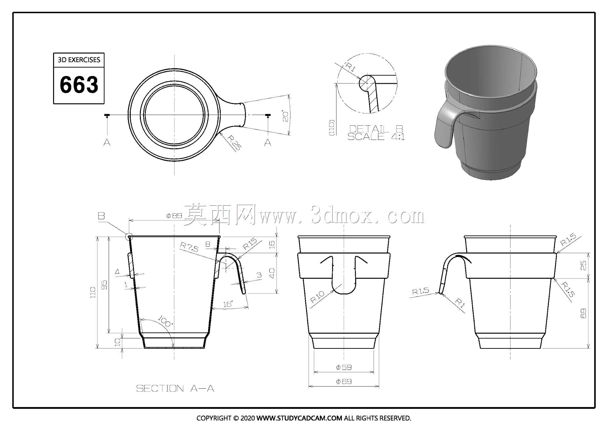 Studycadcam三维CAD练习663/带可拆卸把手的杯子/Vaso con Asa Desmontable/Autodesk Inventor Pro