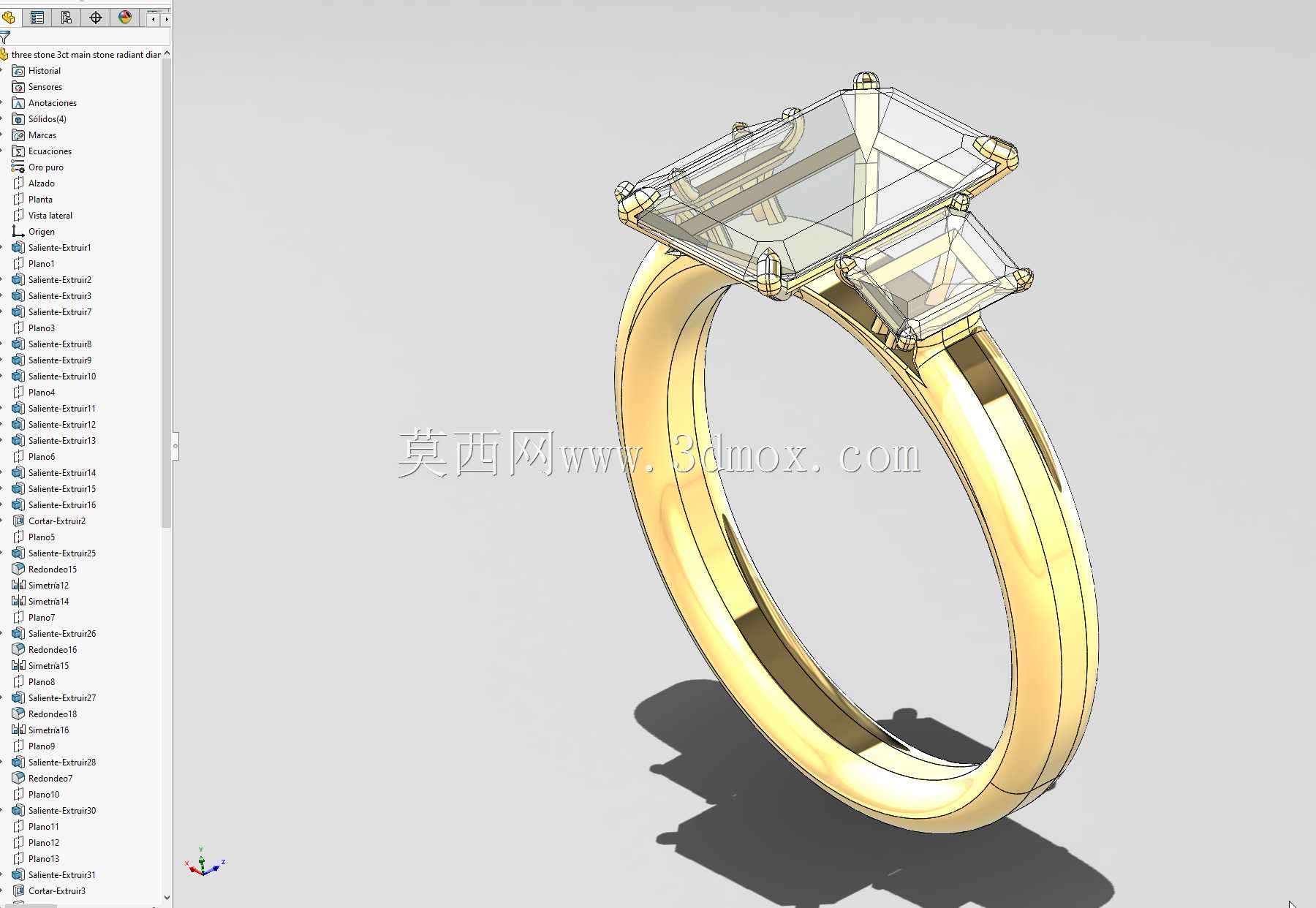 三石明亮式切割钻石戒指 SOLIDWORKS 项目