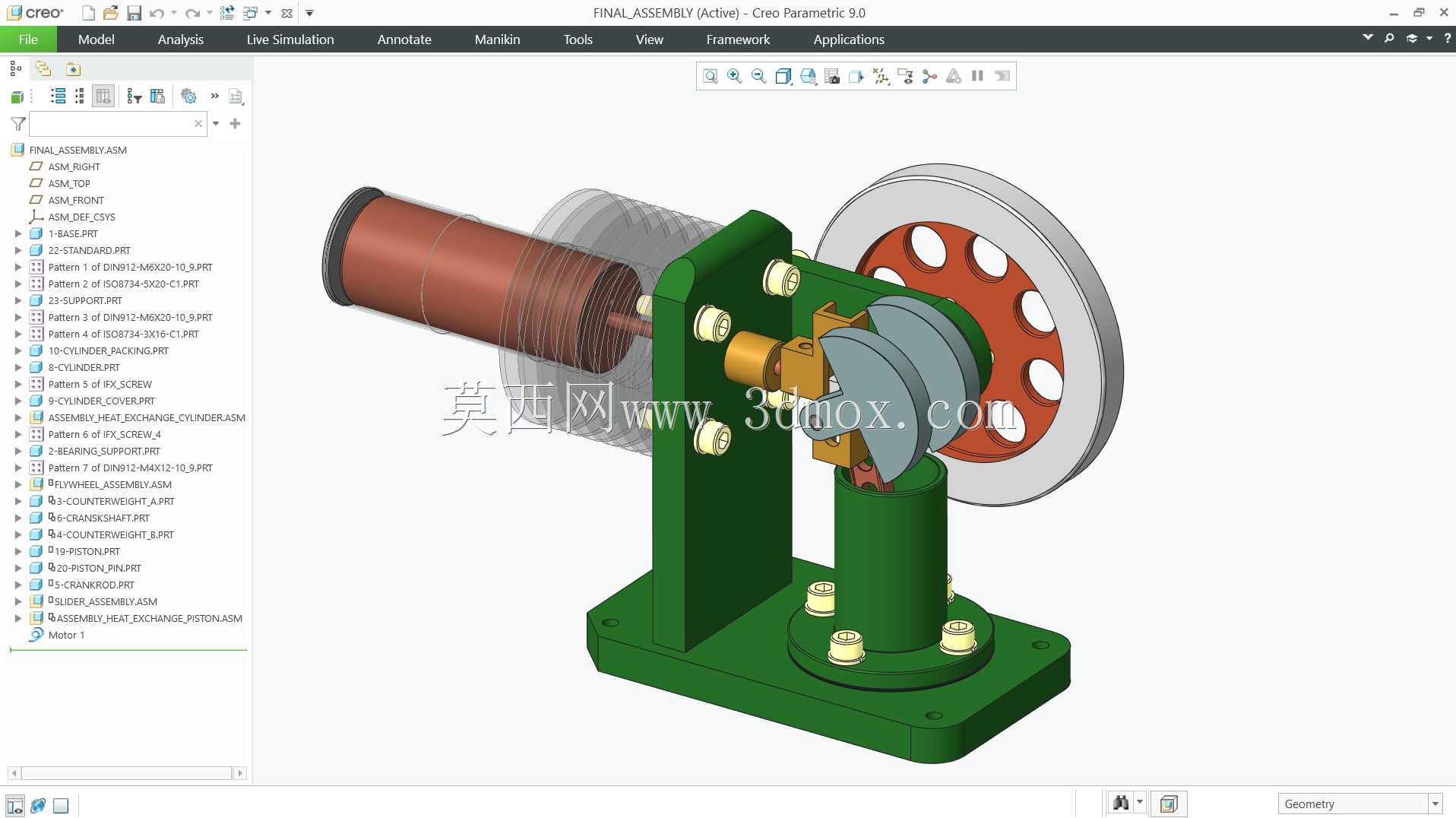 卧式斯特林发动机 – Creo 3D 模型 \u0026 2D 图纸