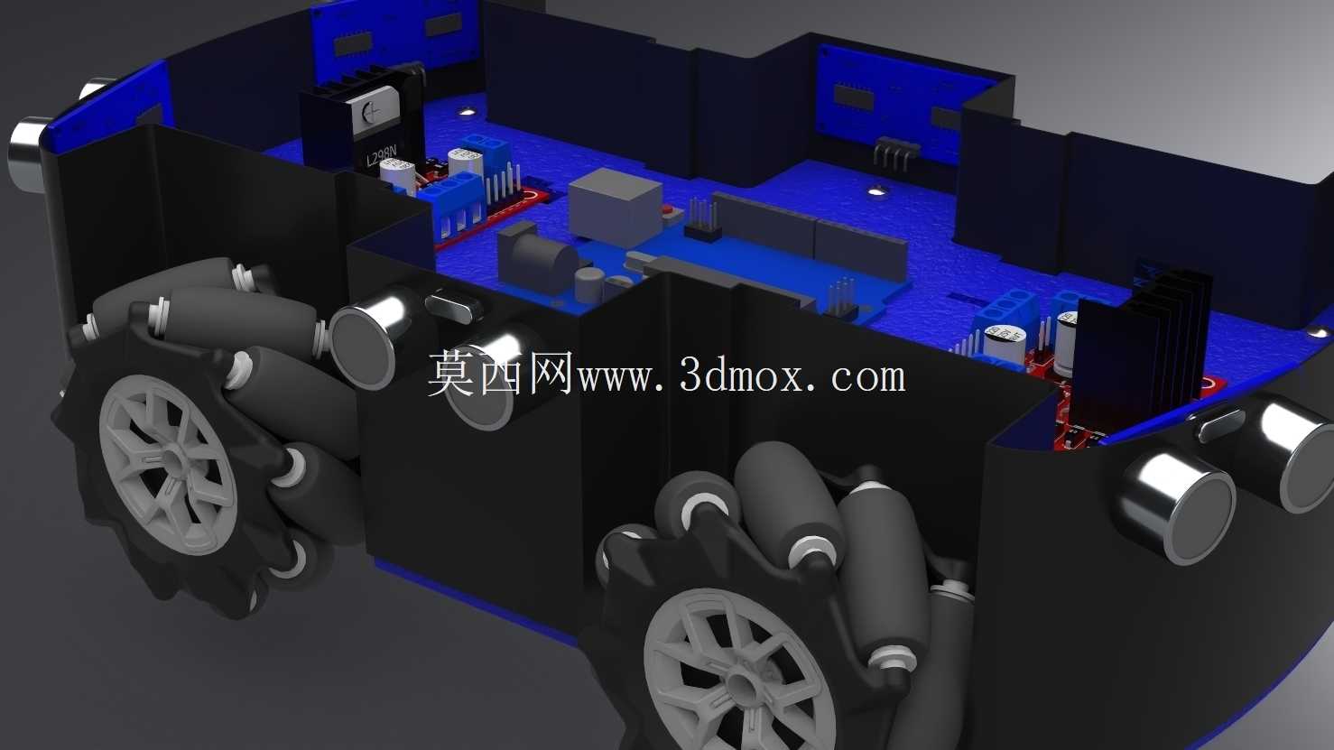 避障遥控车 – 完整 SolidWorks 装配图(Arduino、6 个超声波传感器、4 个电机)