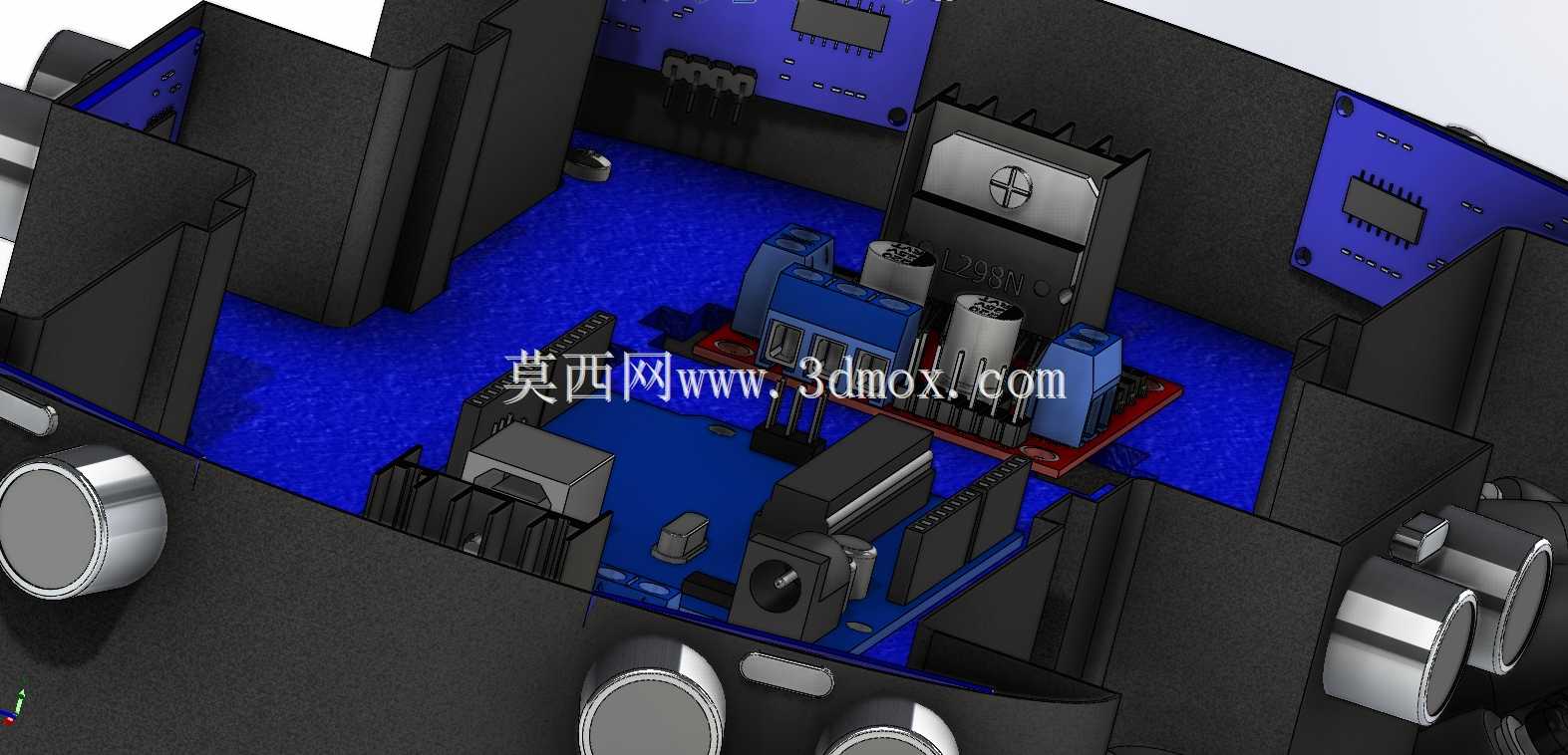 避障遥控车 – 完整 SolidWorks 装配图(Arduino、6 个超声波传感器、4 个电机)