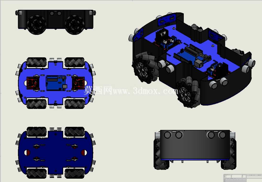 避障遥控车 – 完整 SolidWorks 装配图(Arduino、6 个超声波传感器、4 个电机)
