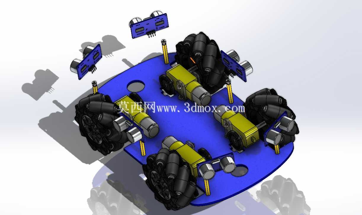 避障遥控车 – 完整 SolidWorks 装配图(Arduino、6 个超声波传感器、4 个电机)