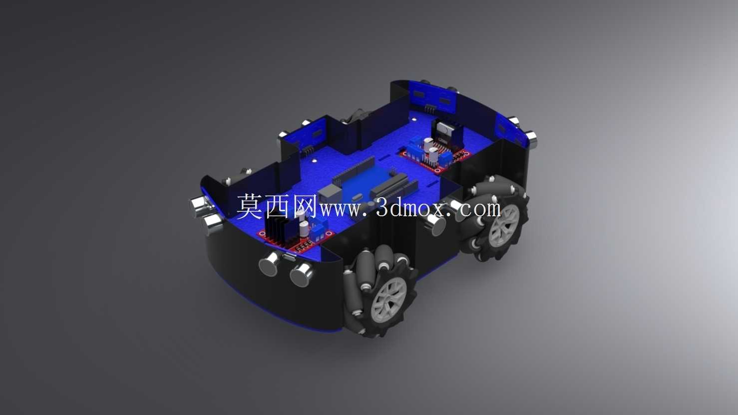 避障遥控车 – 完整 SolidWorks 装配图(Arduino、6 个超声波传感器、4 个电机)