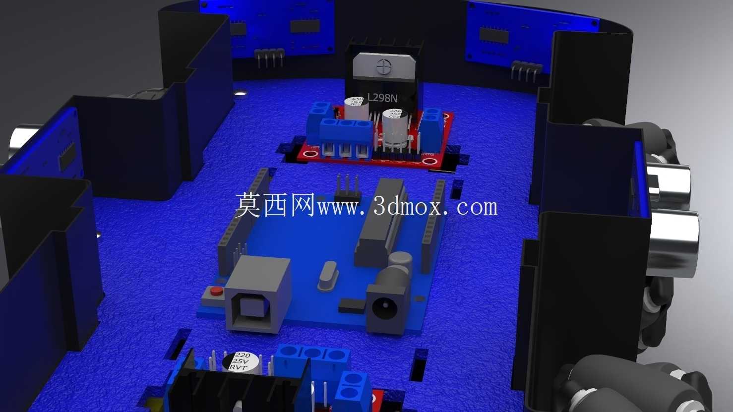 避障遥控车 – 完整 SolidWorks 装配图(Arduino、6 个超声波传感器、4 个电机)