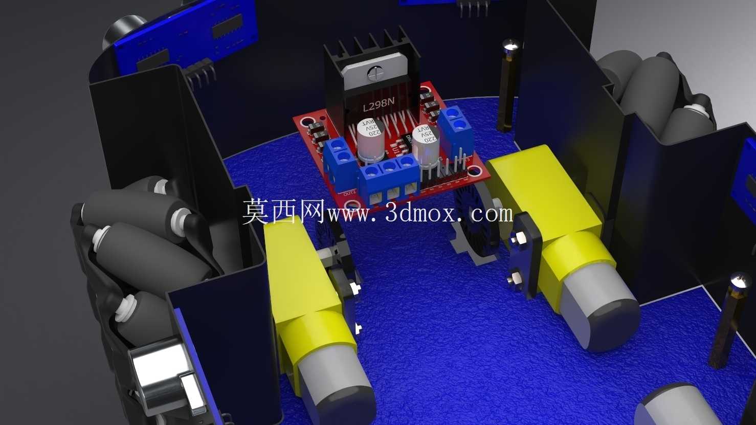 避障遥控车 – 完整 SolidWorks 装配图(Arduino、6 个超声波传感器、4 个电机)
