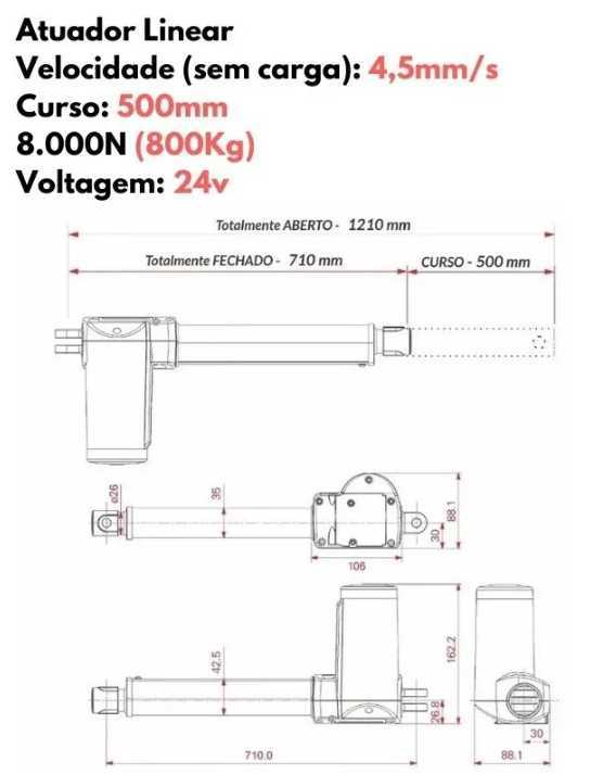 Atuador Linear Pist?o El��trico 8000n 500mm 24v