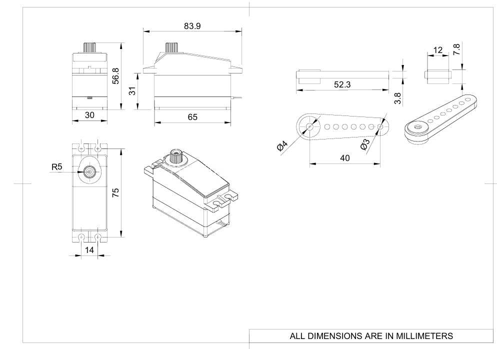 60 kg·cm 高扭矩伺服电机 — 尺寸精确的 CAD 模型(毫米),用于布局和安装