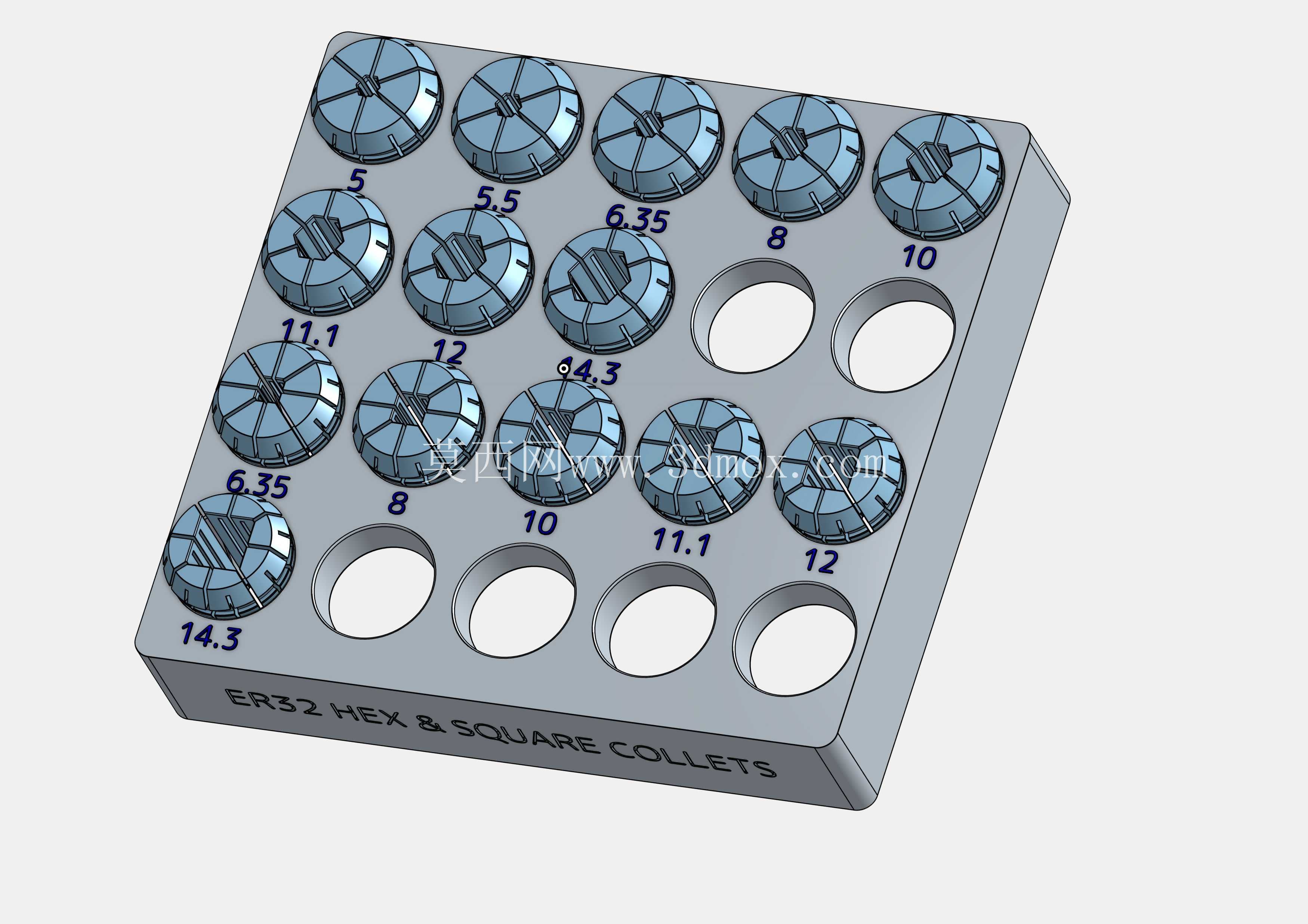 ER32 六角方形夹头适用于普通库存尺寸。 采用 PETG 3D 打印。