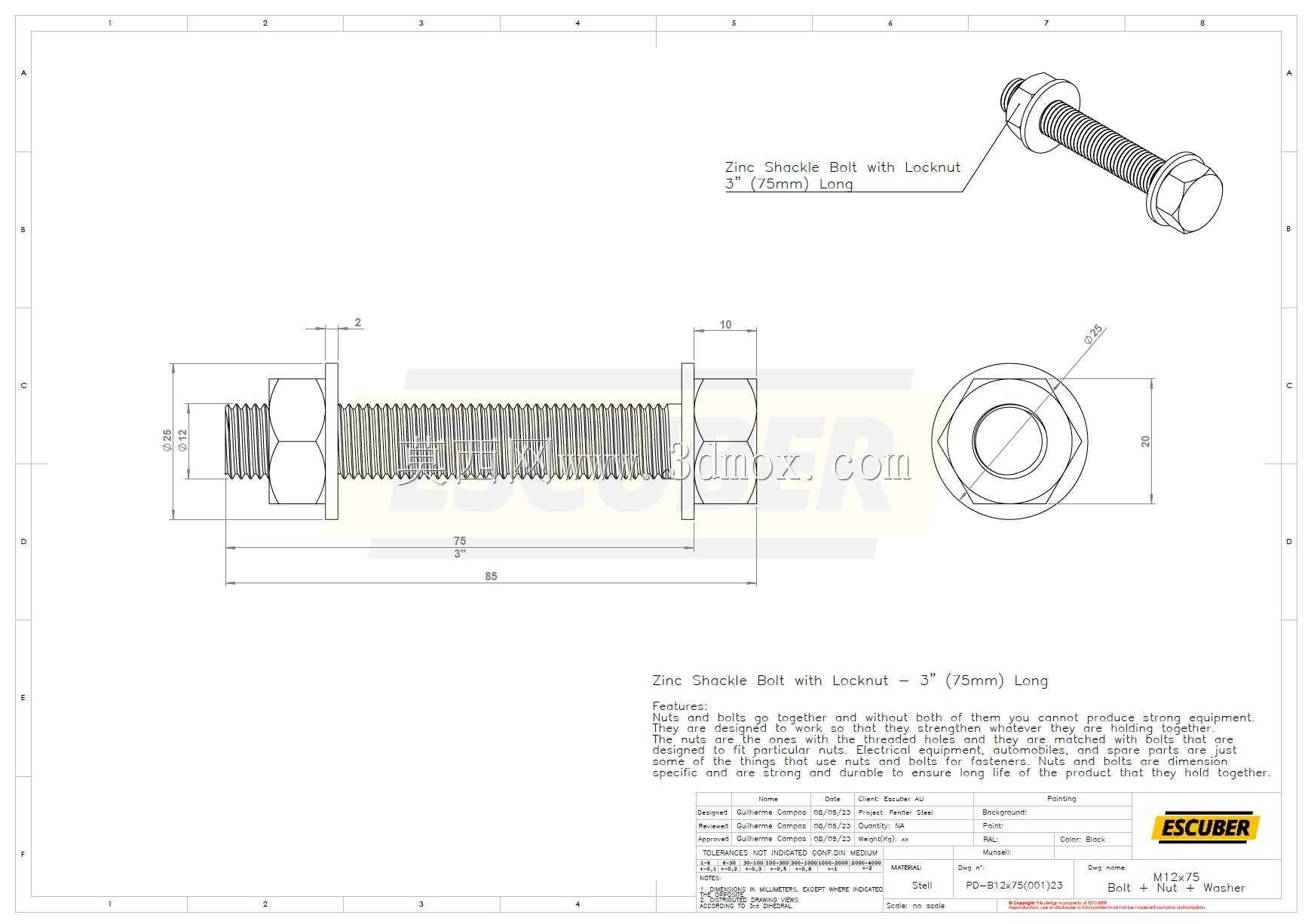 带锁紧螺母的锌钩环螺栓-M12x75mm-1/2“x3”长