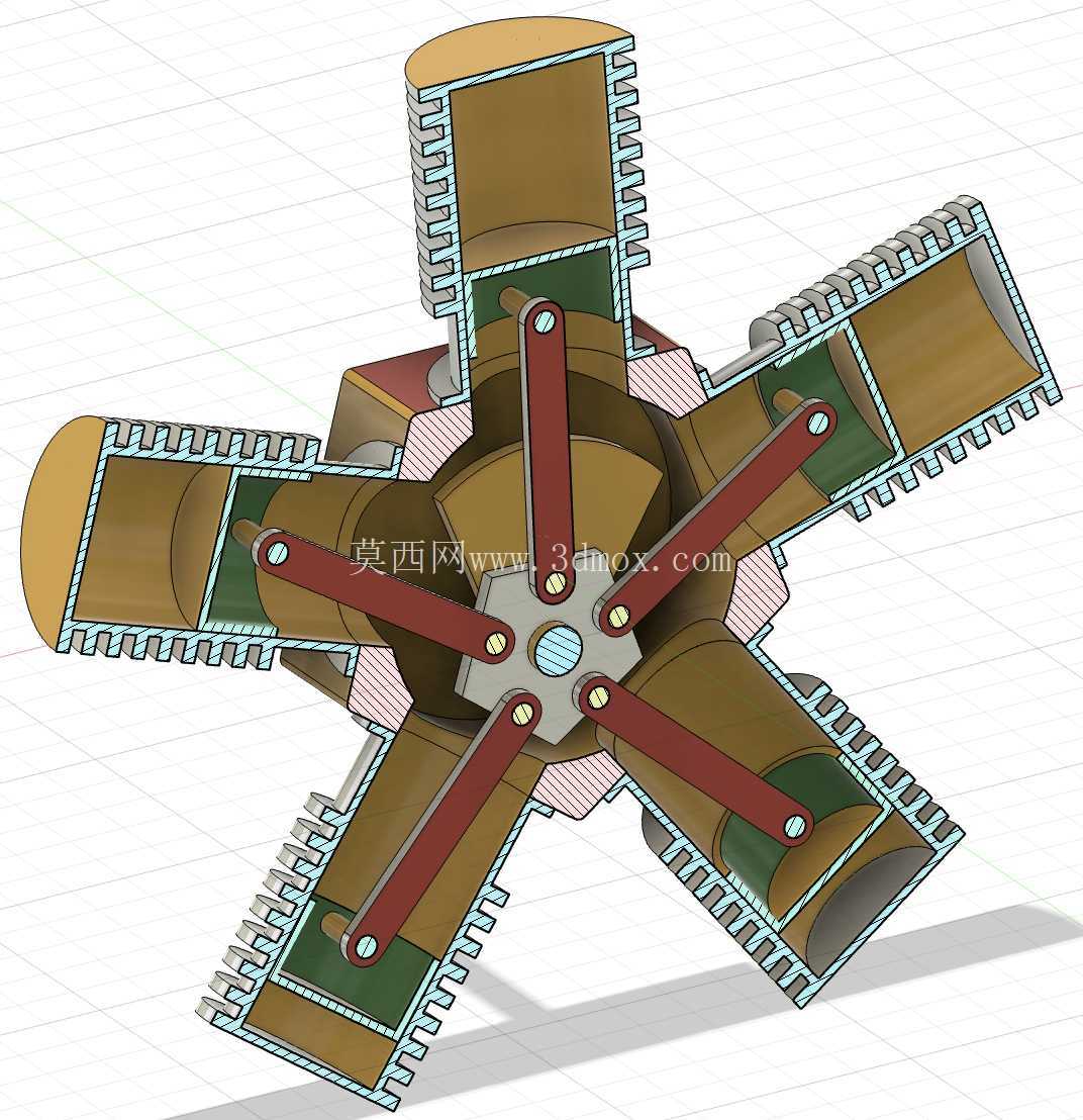 星形发动机总成| 详细的多缸机械 CAD 模型