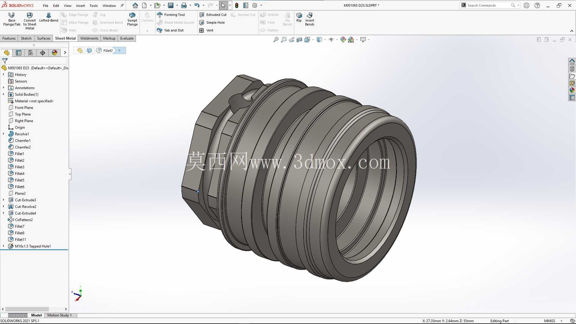 带凹槽的圆柱形部件 - SolidWorks 模型 + 工程图