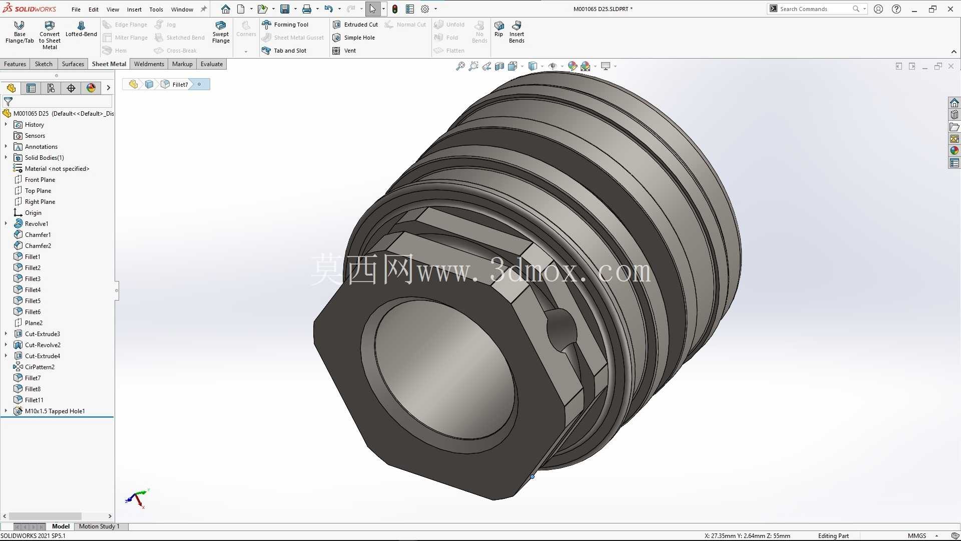 带凹槽的圆柱形部件 - SolidWorks 模型 + 工程图