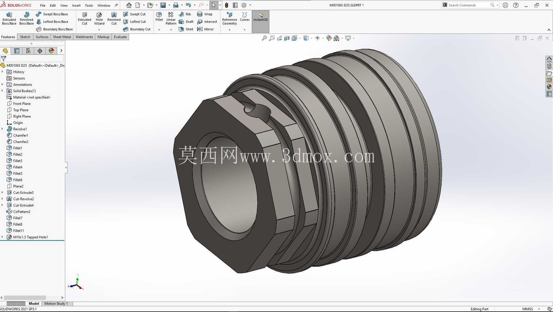 带凹槽的圆柱形部件 - SolidWorks 模型 + 工程图