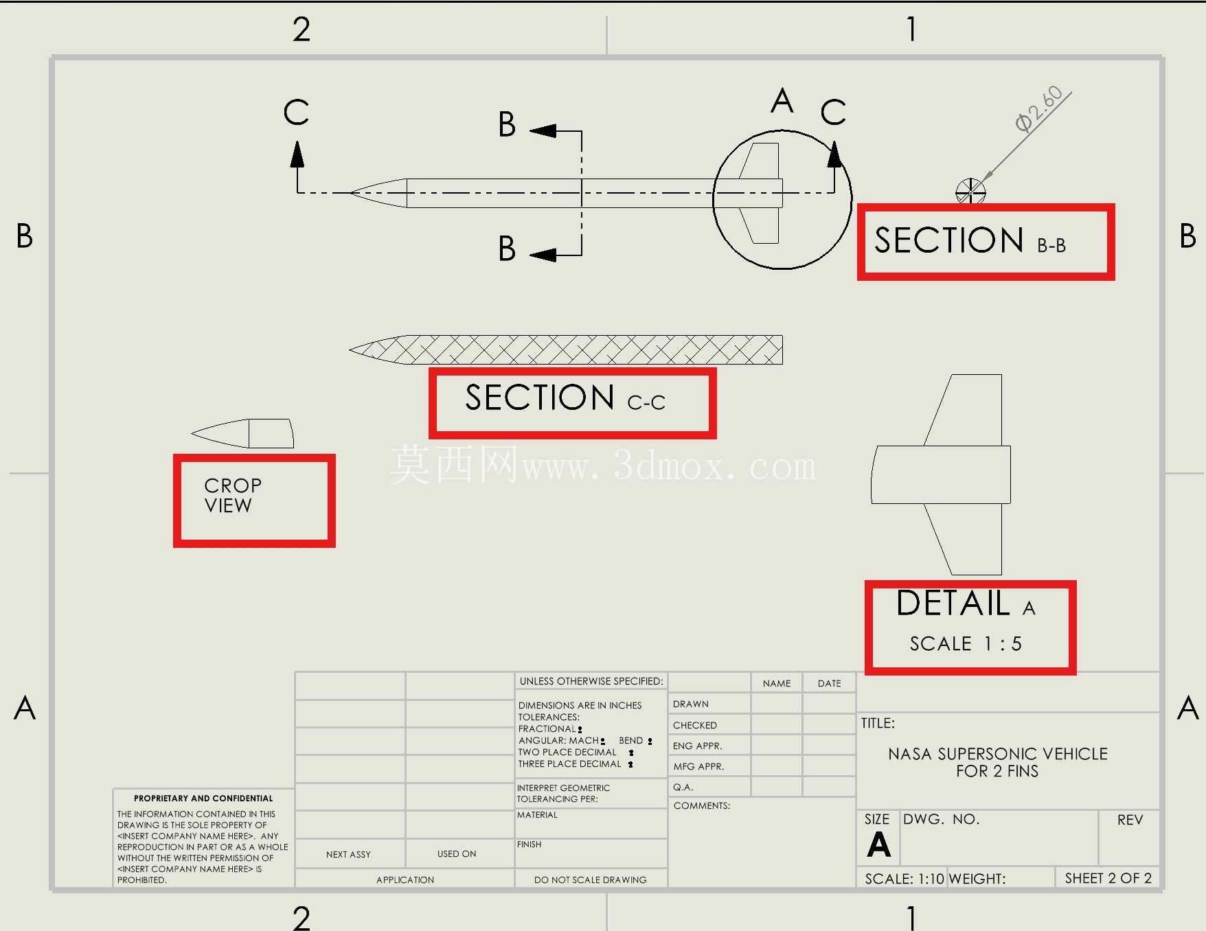 WBL 项目:使用 SolidWorks 创建具有 2 个翅片的 NASA 超音速飞行器的工程图!