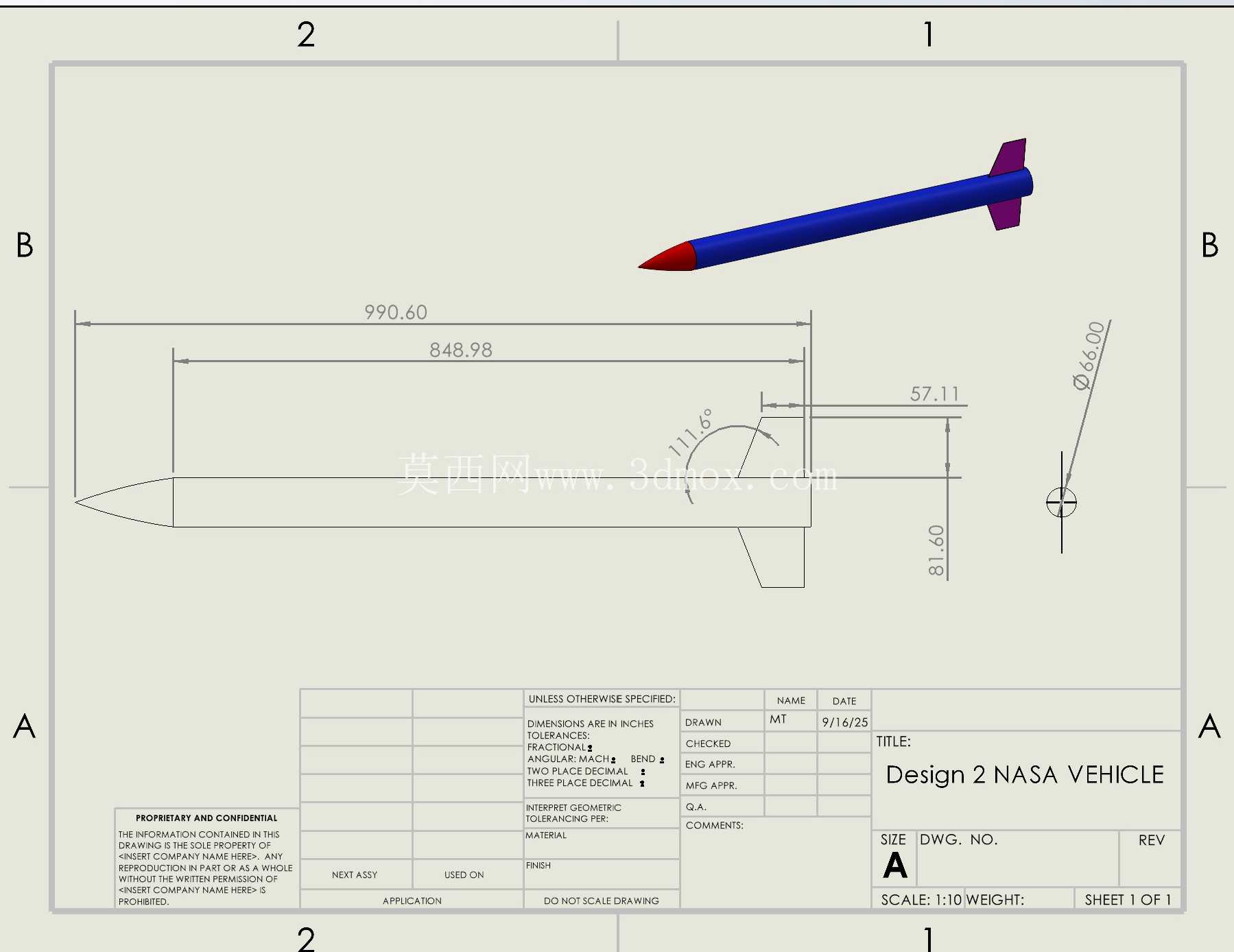 WBL 项目:使用 SolidWorks 创建具有 2 个翅片的 NASA 超音速飞行器的工程图!