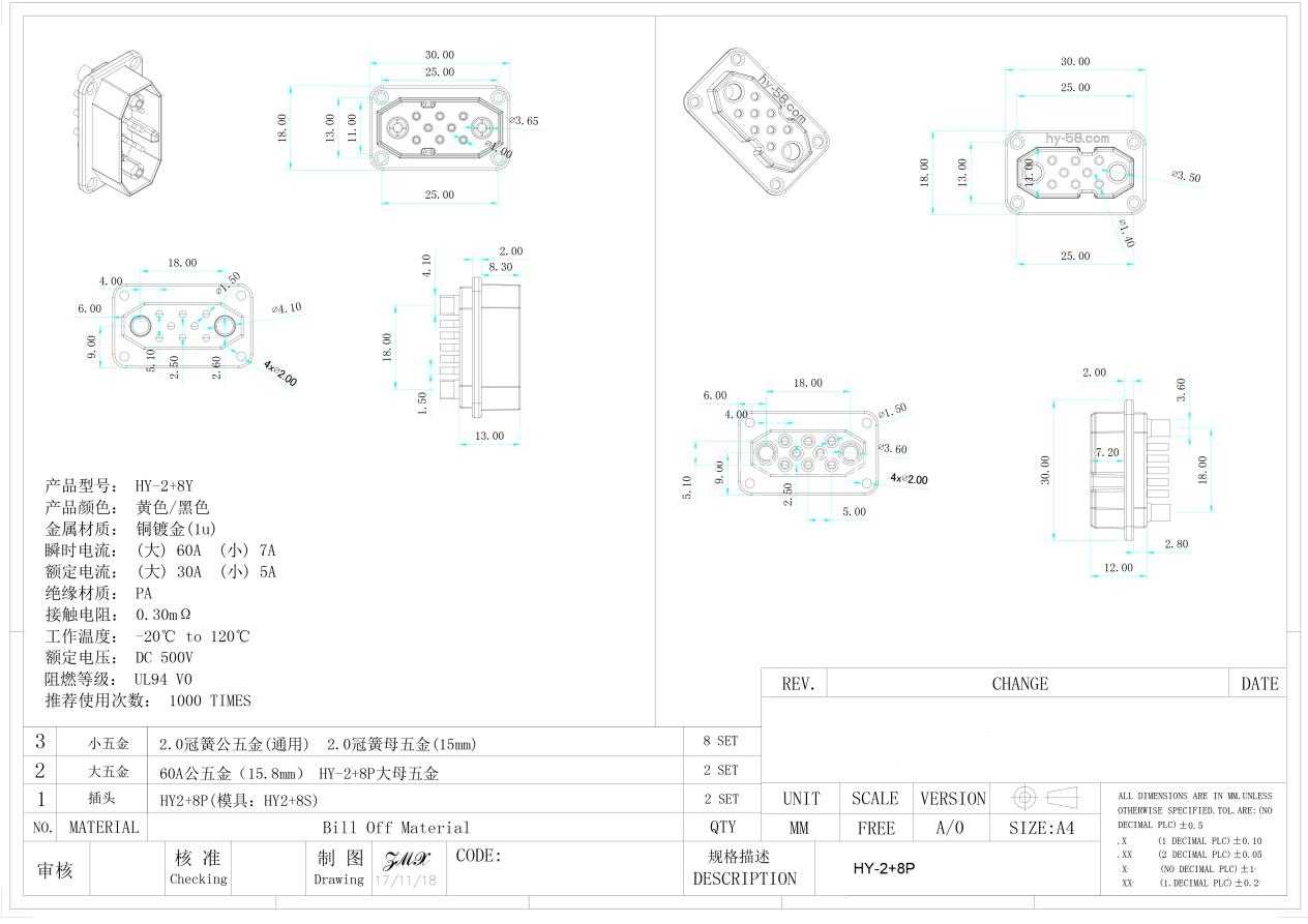 HY2+8Y 多连接器面板安装 30A/5A 500VDC