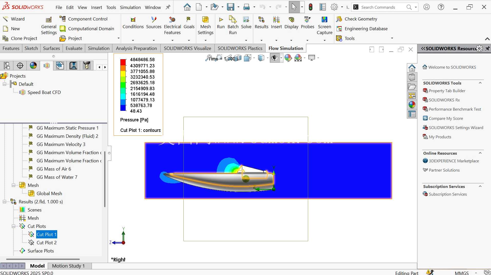 使用 SolidWorks Flow Simulation 进行快艇流体流动分析