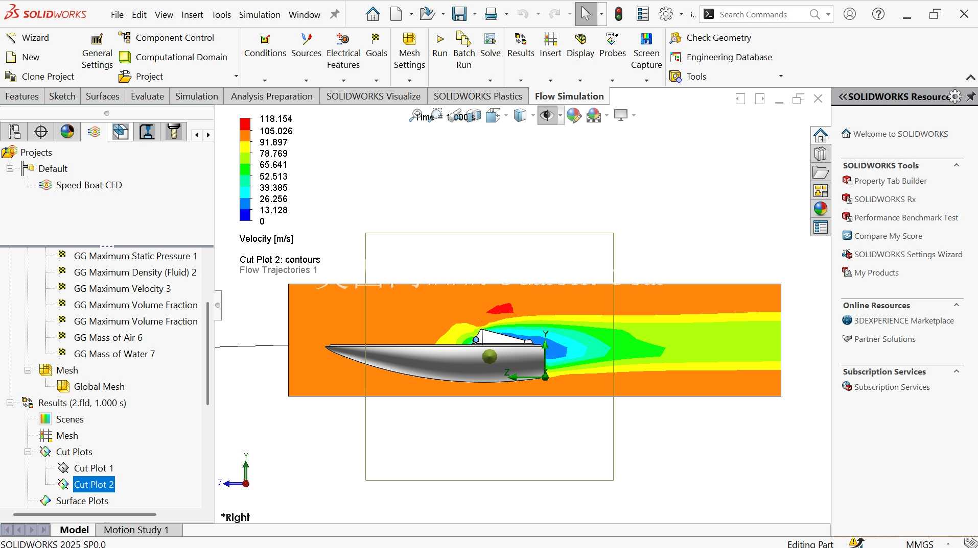 使用 SolidWorks Flow Simulation 进行快艇流体流动分析