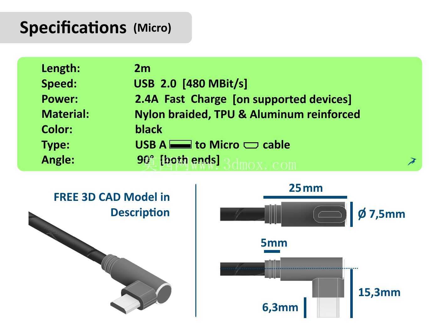 REMHA 微型 90° 直角 2m USB 数据线