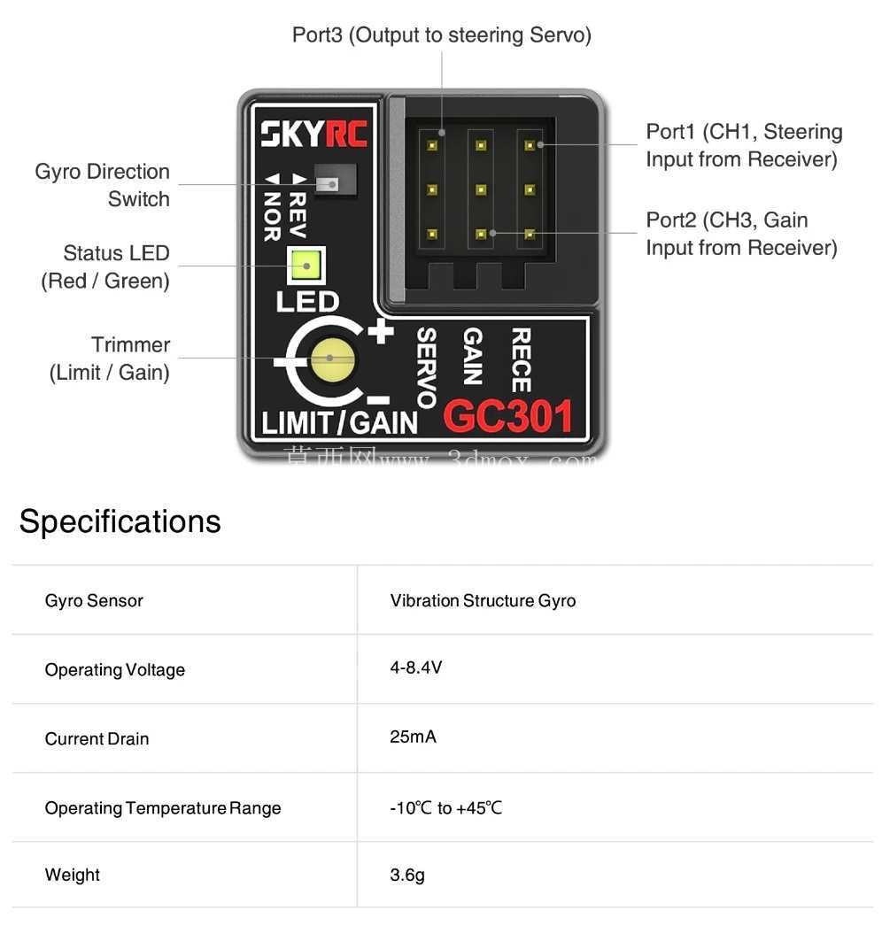 SkyRC GC301陀螺仪传感器(RC转向稳定器,21×21×11mm)
