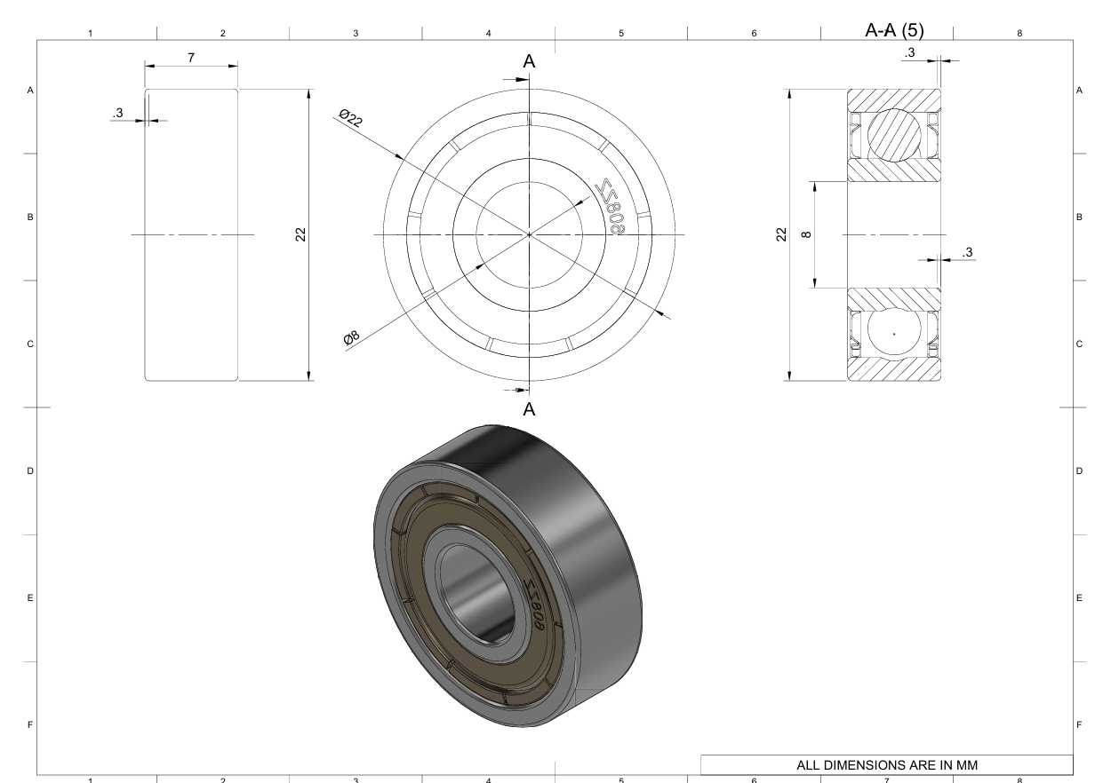 608ZZ 轴承 CAD 模型,带有爆炸装配和技术绘图