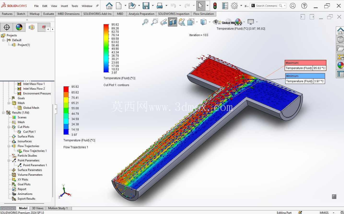 在 SolidWorks Flow Simulation 中混合两种不同温度的水