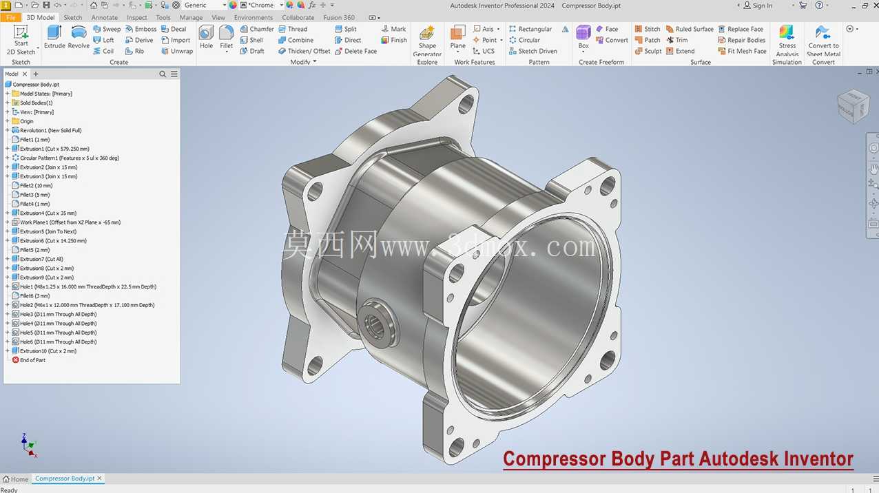 压缩机主体零件设计 |Autodesk Inventor 2024 教程(分步 CAD 建模)