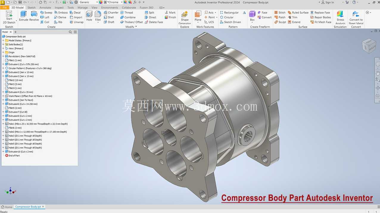 压缩机主体零件设计 |Autodesk Inventor 2024 教程(分步 CAD 建模)