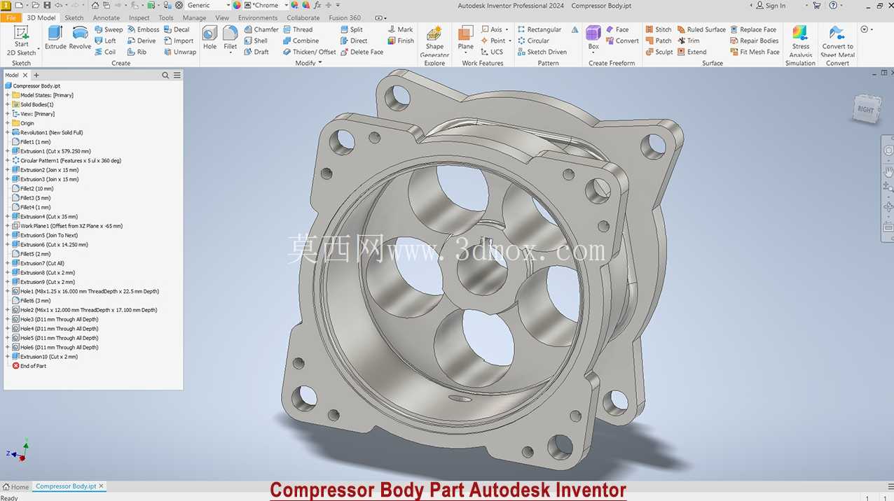 压缩机主体零件设计 |Autodesk Inventor 2024 教程(分步 CAD 建模)