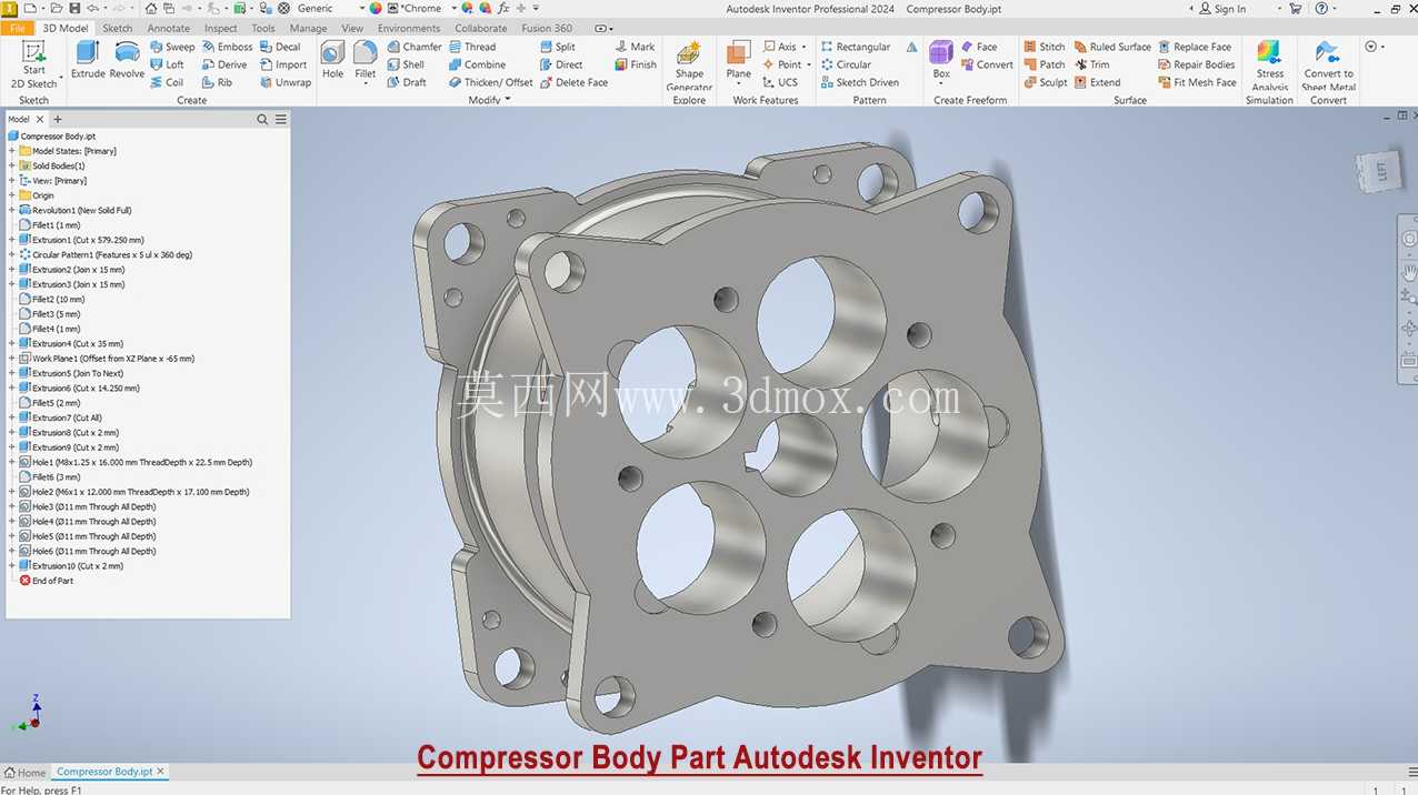 压缩机主体零件设计 |Autodesk Inventor 2024 教程(分步 CAD 建模)