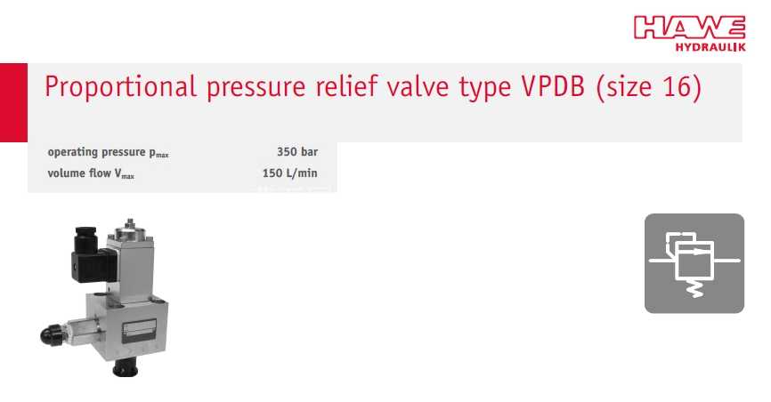 HAWE - VPDB 型比例溢流阀(尺寸 16) - 工作压力 350 bar - 体积流量 150 L/min - VPDB VE16 E V= 类型:比例压力限流阀 VE16=