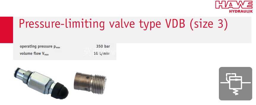 限压阀类型 VDB(尺寸 3) - 工作压力 350 bar - 体积流量 10L/min - VDBE 03 E B VEDB = 限压阀 03 = 尺寸 3 E = 调节可能性(
