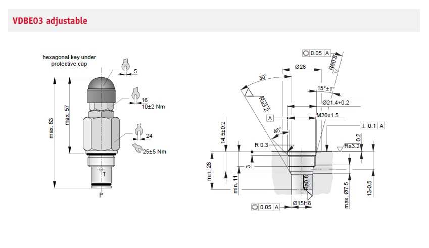 限压阀类型 VDB(尺寸 3) - 工作压力 350 bar - 体积流量 10L/min - VDBE 03 E B VEDB = 限压阀 03 = 尺寸 3 E = 调节可能性(