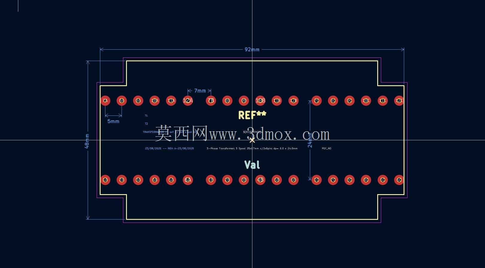 带分隔器和引脚的三相 N°25x17 变压器