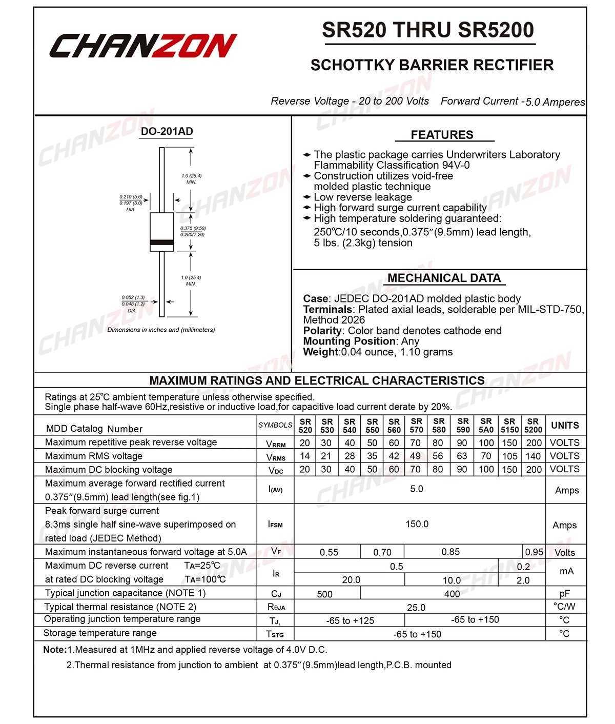 SR560 肖特基势垒整流二极管,5A,60V,DO-201AD