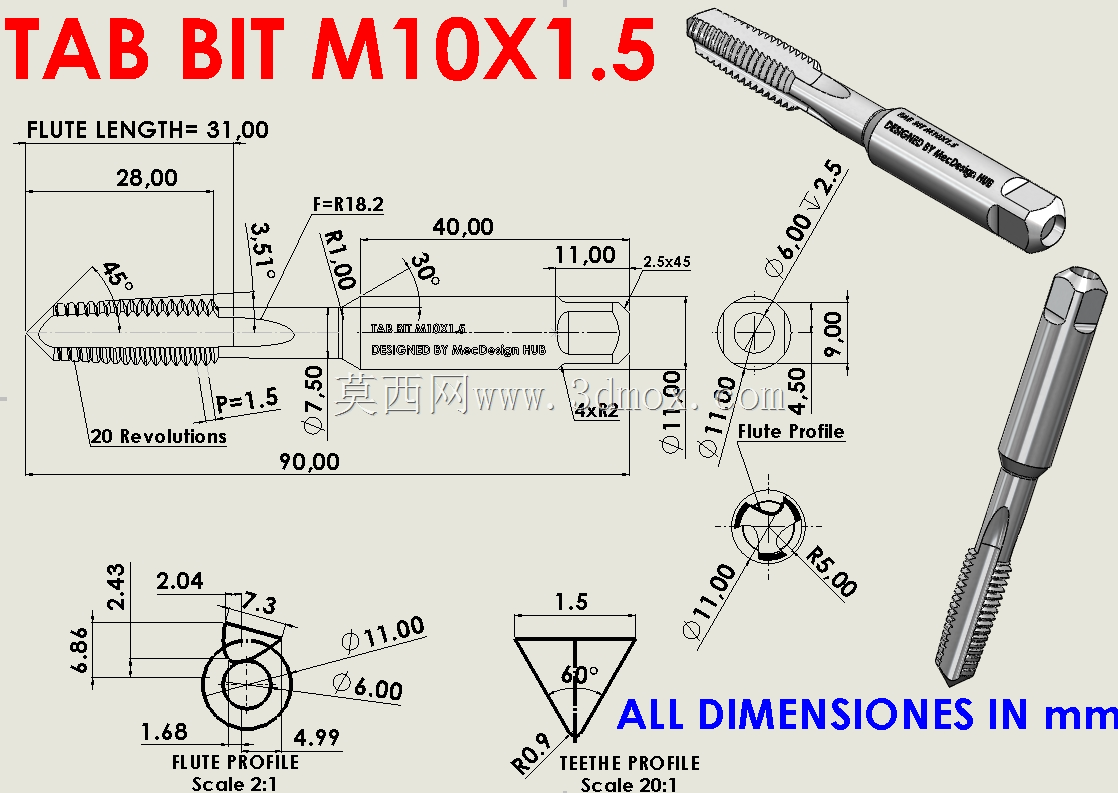 Solidworks 教程 | Solidworks 中的 Tap Bit M10x1.5 建模