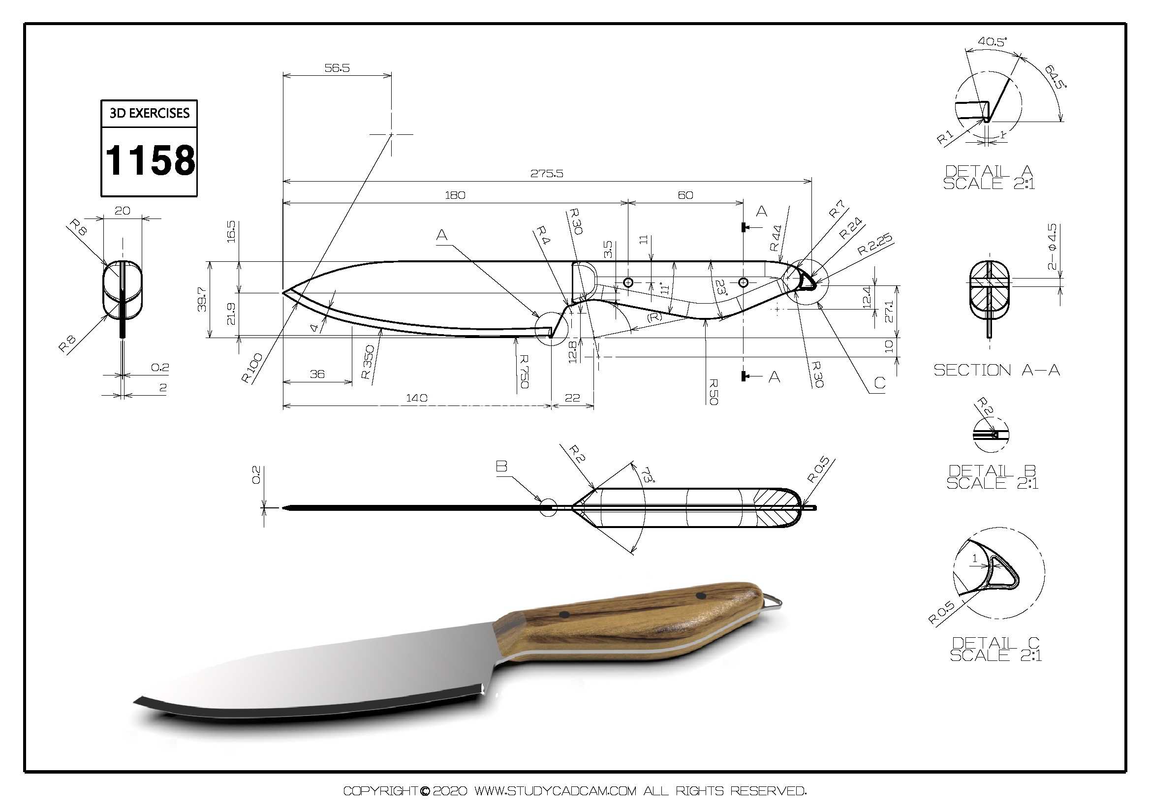 Studycadcam 3D CAD 练习 1158/Knife/Cuchillo/Autodesk Inventor Pro