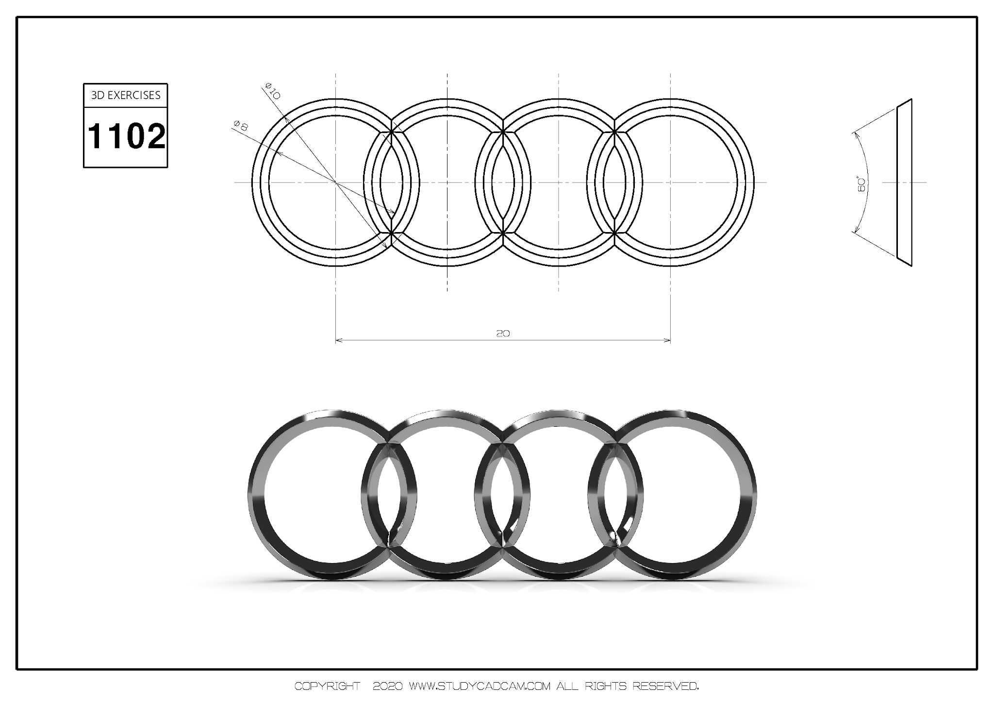 Studycadcam 3D CAD 练习 1102/AUDI 徽标/Autodesk Inventor Pro