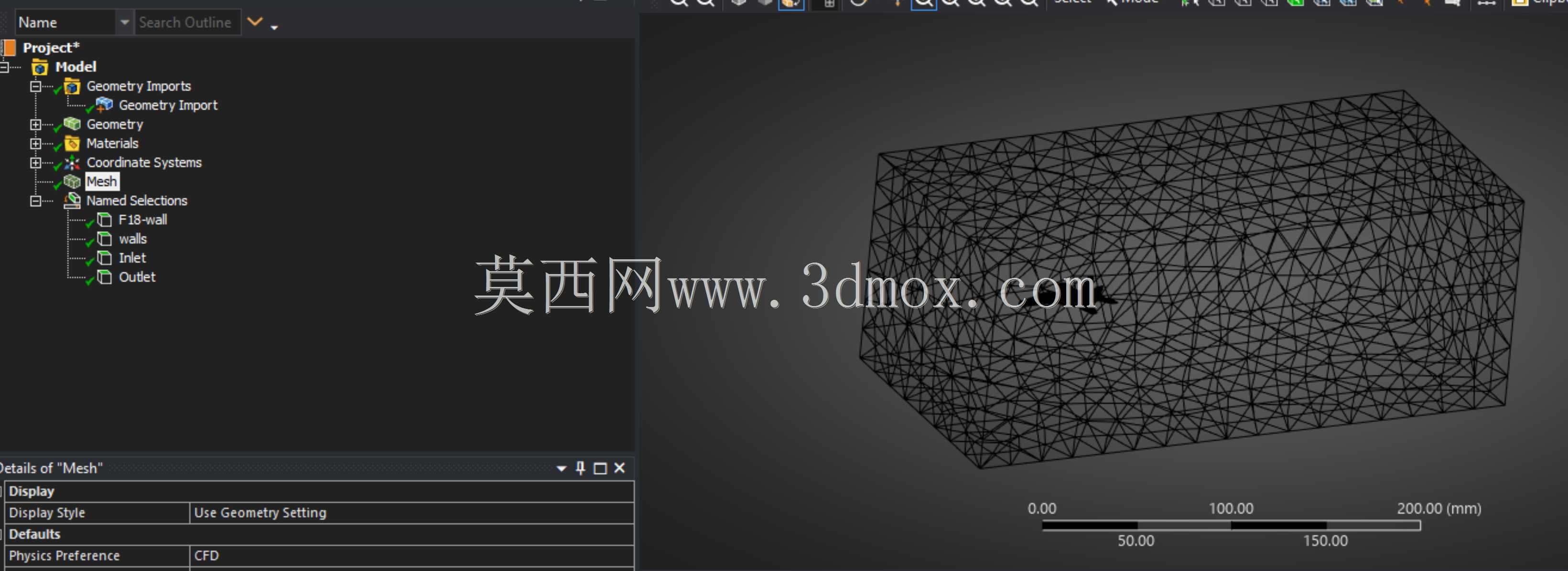 F18 战斗机 - 提取体积并创建网格,以进行 F18 战斗机的计算流体动力学 (CFD) 分析(外壳 - 外部流)